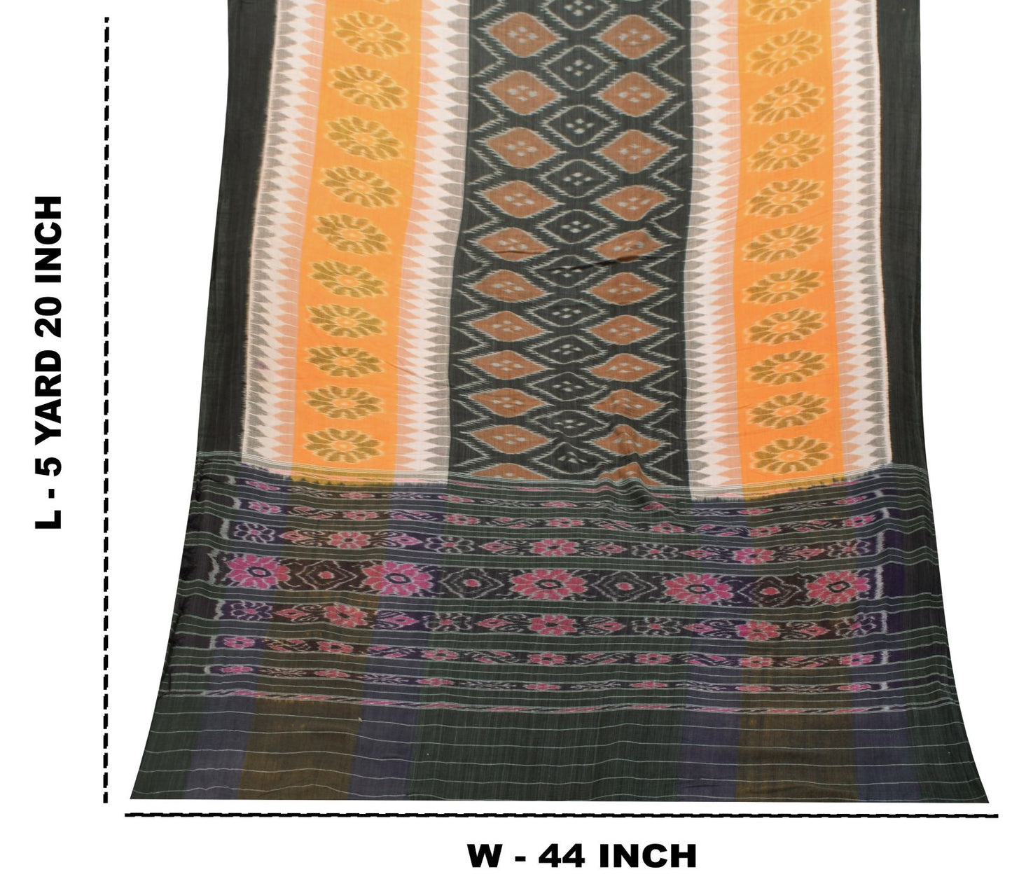Sanskriti Vintage Black-Yellow Pure Silk Saree Ikat Hand Woven Sambhalpuri 5.5Yd