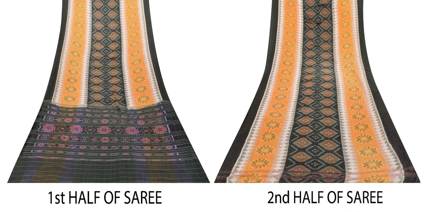 Sanskriti Vintage Black-Yellow Pure Silk Saree Ikat Hand Woven Sambhalpuri 5.5Yd