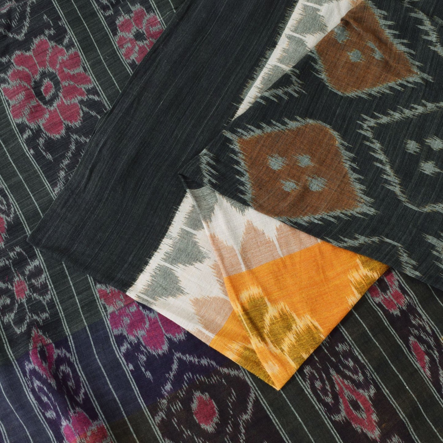 Sanskriti Vintage Black-Yellow Pure Silk Saree Ikat Hand Woven Sambhalpuri 5.5Yd