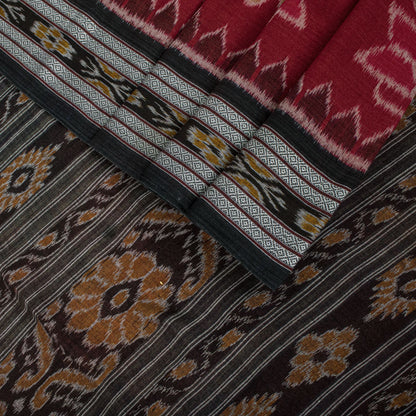Sanskriti Vintage Red Pure Cotton Saree Peacock Ikat Hand Woven Sambhalpuri Sari