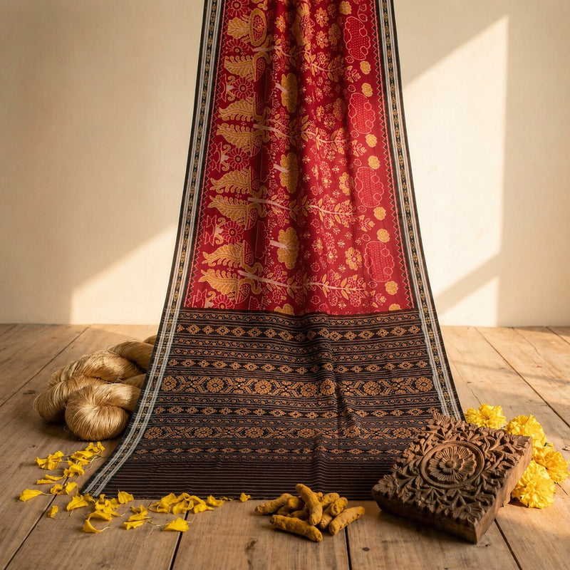 Sanskriti Vintage Red Pure Cotton Saree Peacock Ikat Hand Woven Sambhalpuri Sari