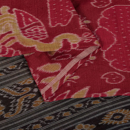 Sanskriti Vintage Red Pure Cotton Saree Peacock Ikat Hand Woven Sambhalpuri Sari