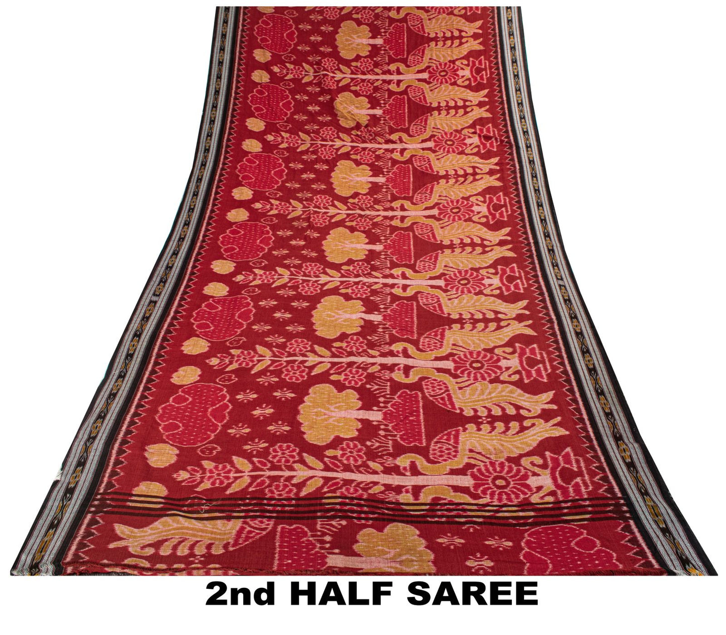 Sanskriti Vintage Red Pure Cotton Saree Peacock Ikat Hand Woven Sambhalpuri Sari