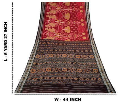 Sanskriti Vintage Red Pure Cotton Saree Peacock Ikat Hand Woven Sambhalpuri Sari