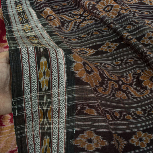 Sanskriti Vintage Red Pure Cotton Saree Peacock Ikat Hand Woven Sambhalpuri Sari