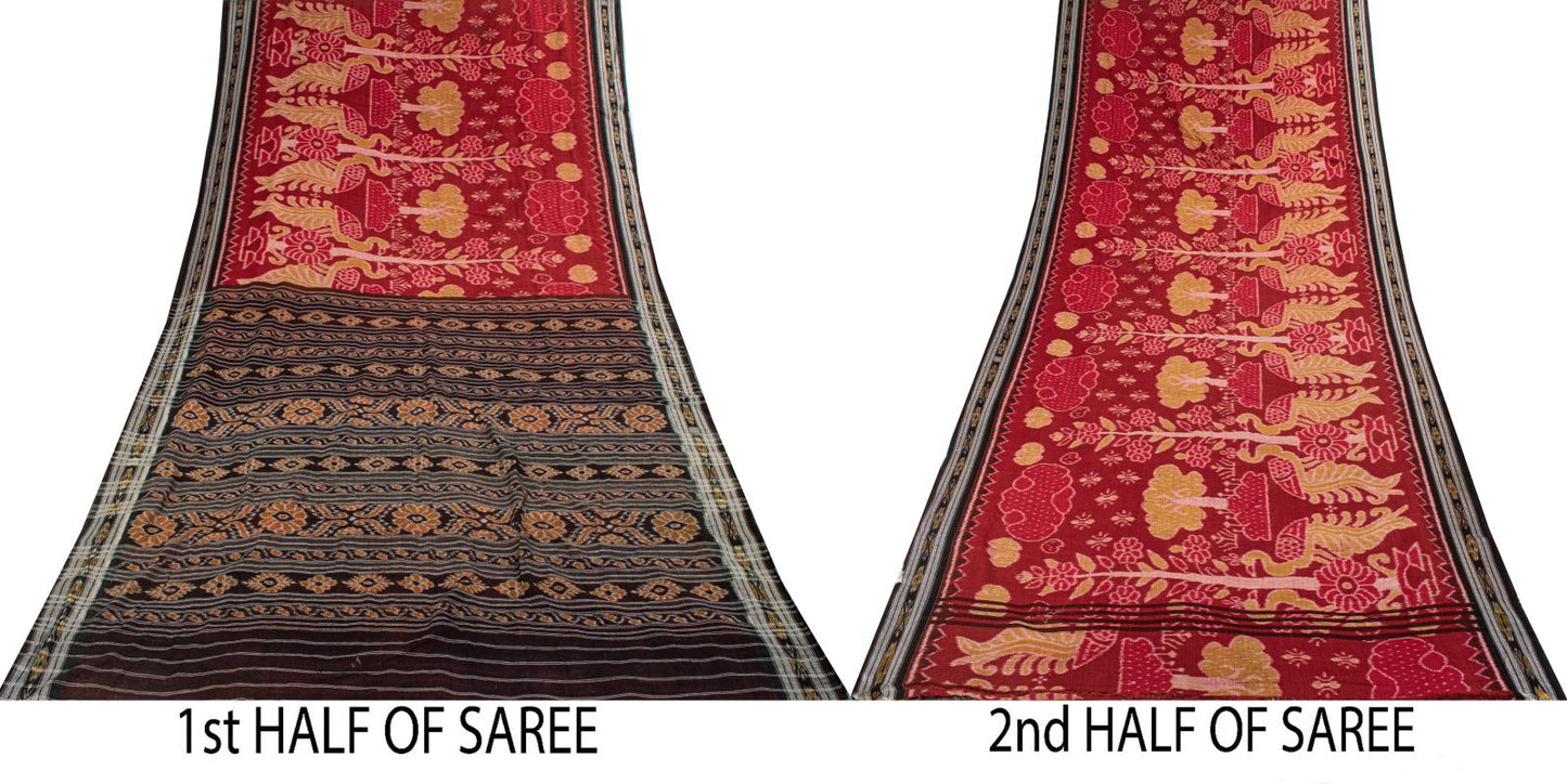 Sanskriti Vintage Red Pure Cotton Saree Peacock Ikat Hand Woven Sambhalpuri Sari