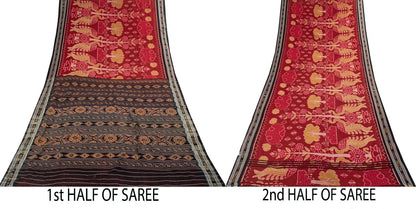 Sanskriti Vintage Red Pure Cotton Saree Peacock Ikat Hand Woven Sambhalpuri Sari