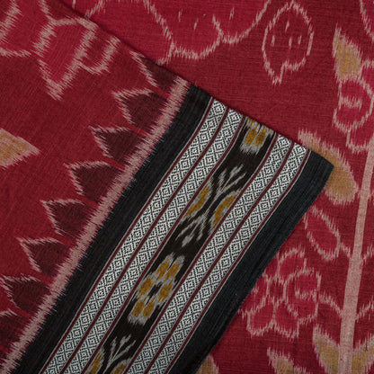Sanskriti Vintage Red Pure Cotton Saree Peacock Ikat Hand Woven Sambhalpuri Sari