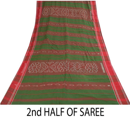 Sanskriti Vintage Green Pure Cotton Saree Ikat Hand Woven Sambhalpuri 5.5Yd Sari