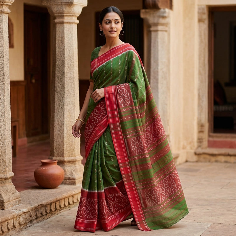 Sanskriti Vintage Green Pure Cotton Saree Ikat Hand Woven Sambhalpuri 5.5Yd Sari