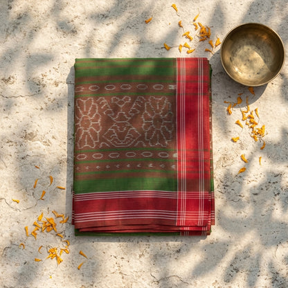 Sanskriti Vintage Green Pure Cotton Saree Ikat Hand Woven Sambhalpuri 5.5Yd Sari