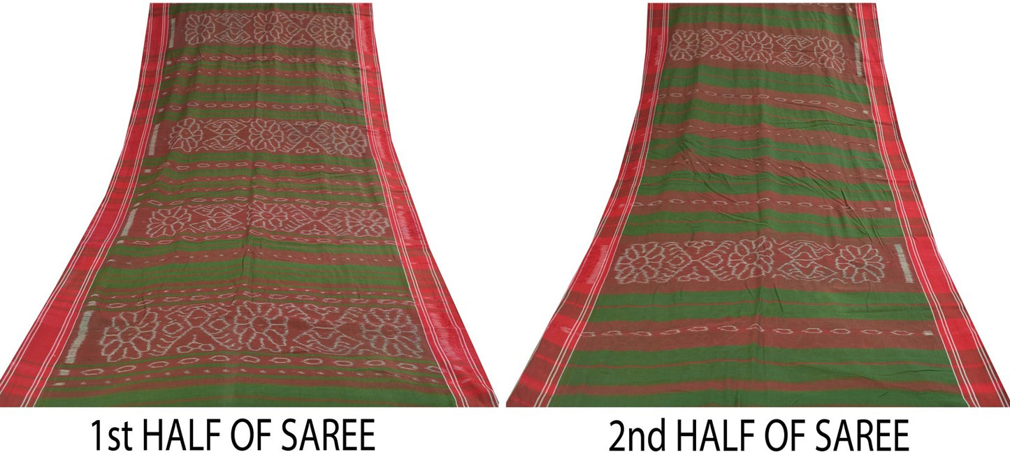 Sanskriti Vintage Green Pure Cotton Saree Ikat Hand Woven Sambhalpuri 5.5Yd Sari