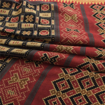 Sanskriti Vintage Black Pure Cotton Saree Patan Patola Ikat Printed 6.5+Yd Sari