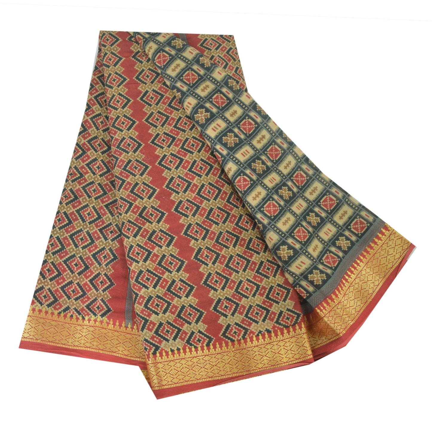 Sanskriti Vintage Black Pure Cotton Saree Patan Patola Ikat Printed 6.5+Yd Sari