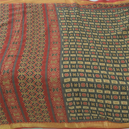 Sanskriti Vintage Black Pure Cotton Saree Patan Patola Ikat Printed 6.5+Yd Sari