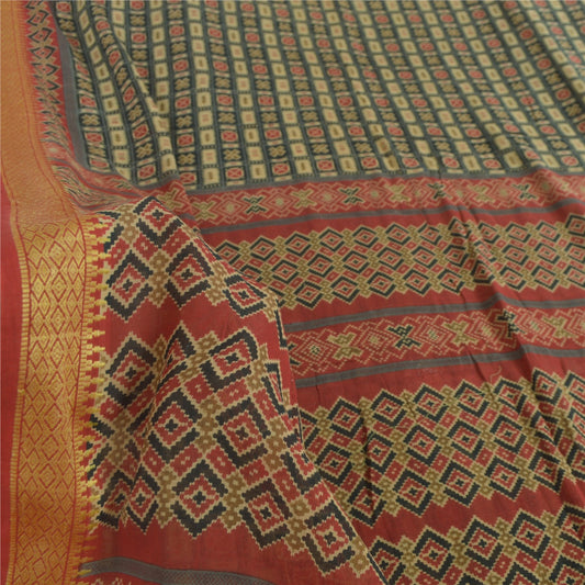 Sanskriti Vintage Black Pure Cotton Saree Patan Patola Ikat Printed 6.5+Yd Sari
