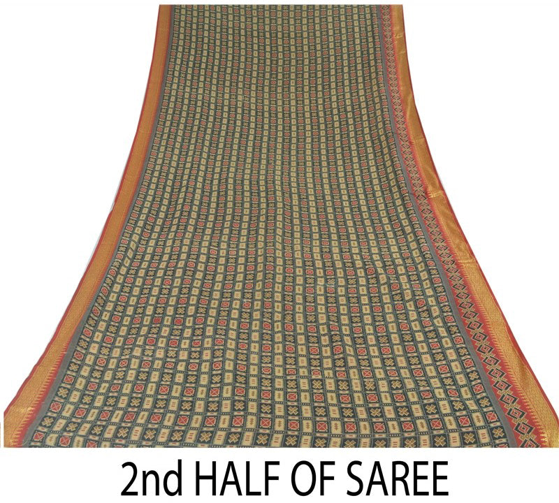 Sanskriti Vintage Black Pure Cotton Saree Patan Patola Ikat Printed 6.5+Yd Sari