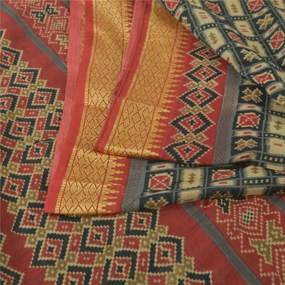 Sanskriti Vintage Black Pure Cotton Saree Patan Patola Ikat Printed 6.5+Yd Sari