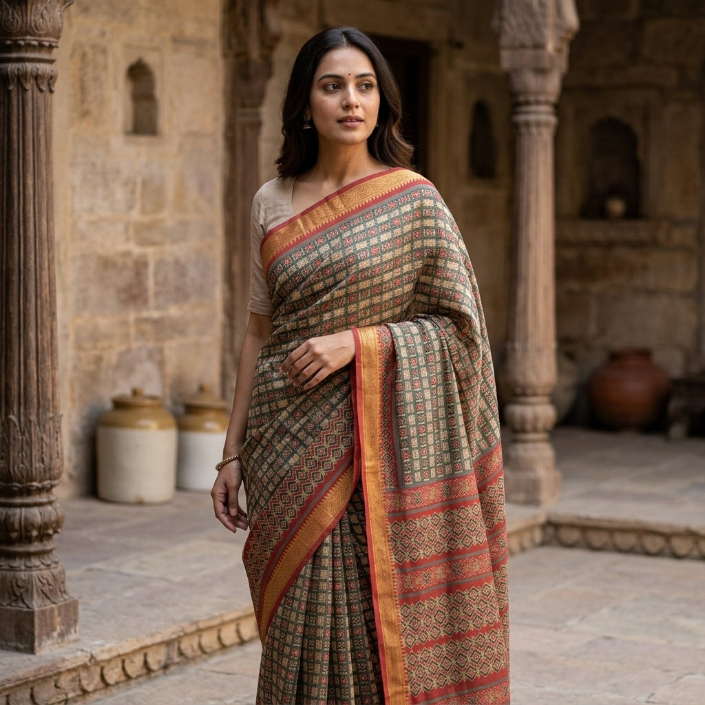 Sanskriti Vintage Black Pure Cotton Saree Patan Patola Ikat Printed 6.5+Yd Sari