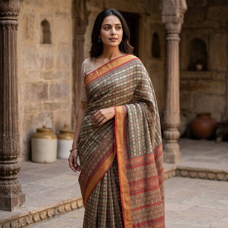 Sanskriti Vintage Black Pure Cotton Saree Patan Patola Ikat Printed 6.5+Yd Sari