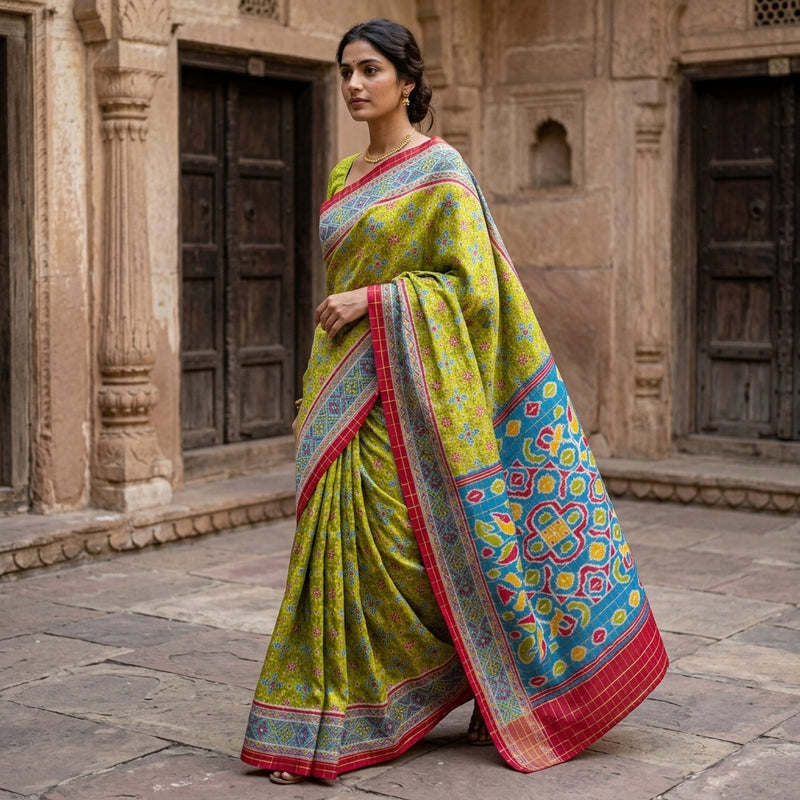 Sanskriti Vintage Green Pure Cotton Saree Patan Patola Ikat Print-Zari WovenSari