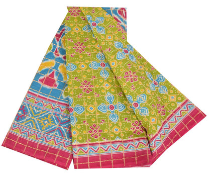 Sanskriti Vintage Green Pure Cotton Saree Patan Patola Ikat Print-Zari WovenSari