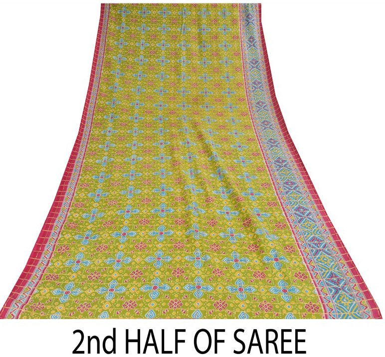 Sanskriti Vintage Green Pure Cotton Saree Patan Patola Ikat Print-Zari WovenSari