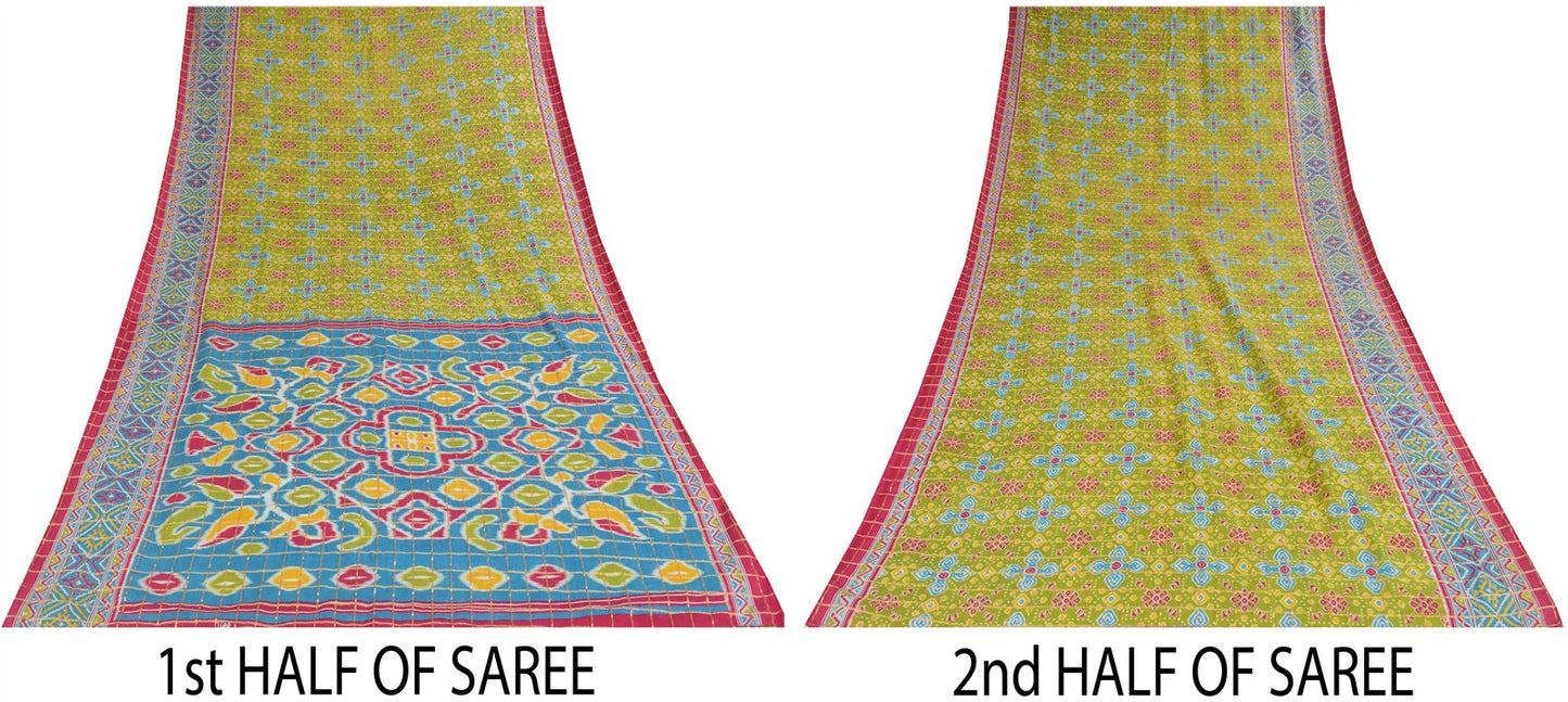 Sanskriti Vintage Green Pure Cotton Saree Patan Patola Ikat Print-Zari WovenSari