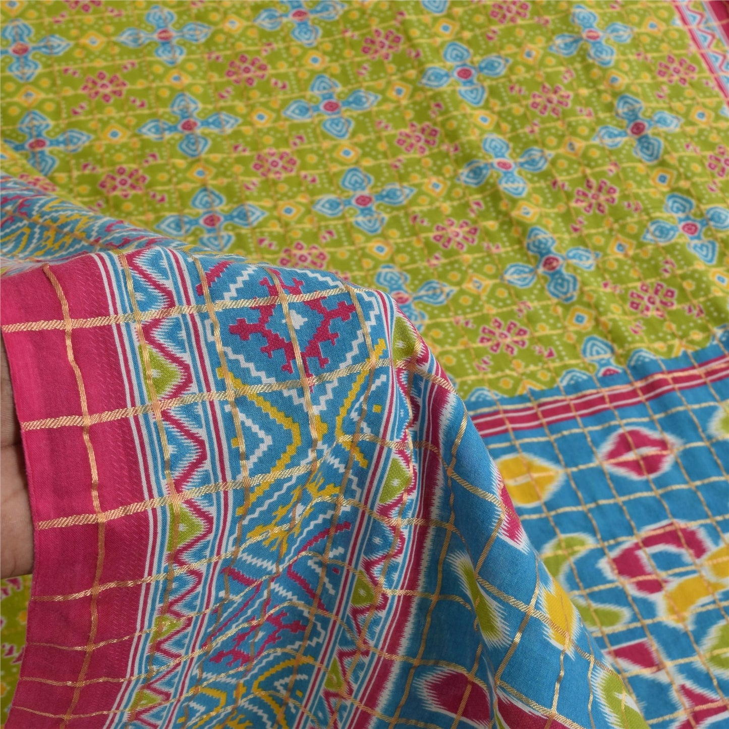 Sanskriti Vintage Green Pure Cotton Saree Patan Patola Ikat Print-Zari WovenSari