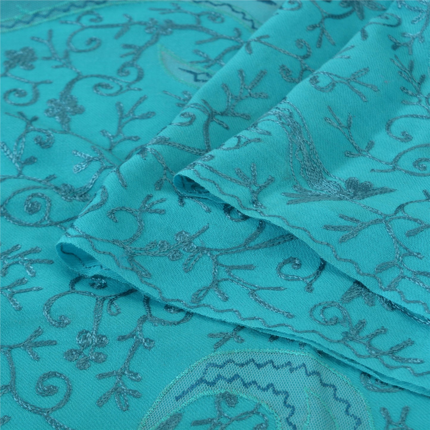 Sanskriti New Embroidered Woven Blue Pure Wool Shawl Stole Paisley Scarf