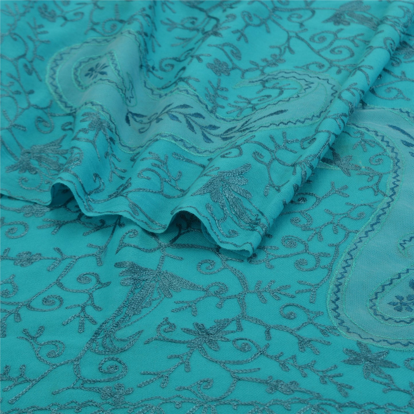 Sanskriti New Embroidered Woven Blue Pure Wool Shawl Stole Paisley Scarf