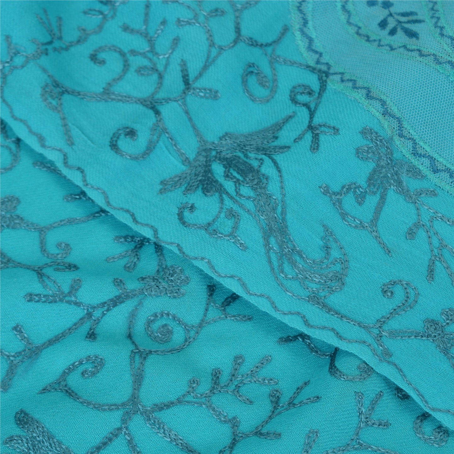 Sanskriti New Embroidered Woven Blue Pure Wool Shawl Stole Paisley Scarf