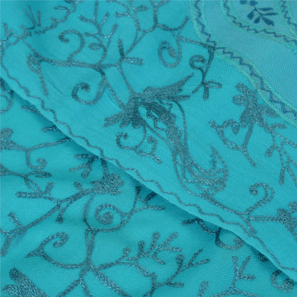 Sanskriti New Embroidered Woven Blue Pure Wool Shawl Stole Paisley Scarf