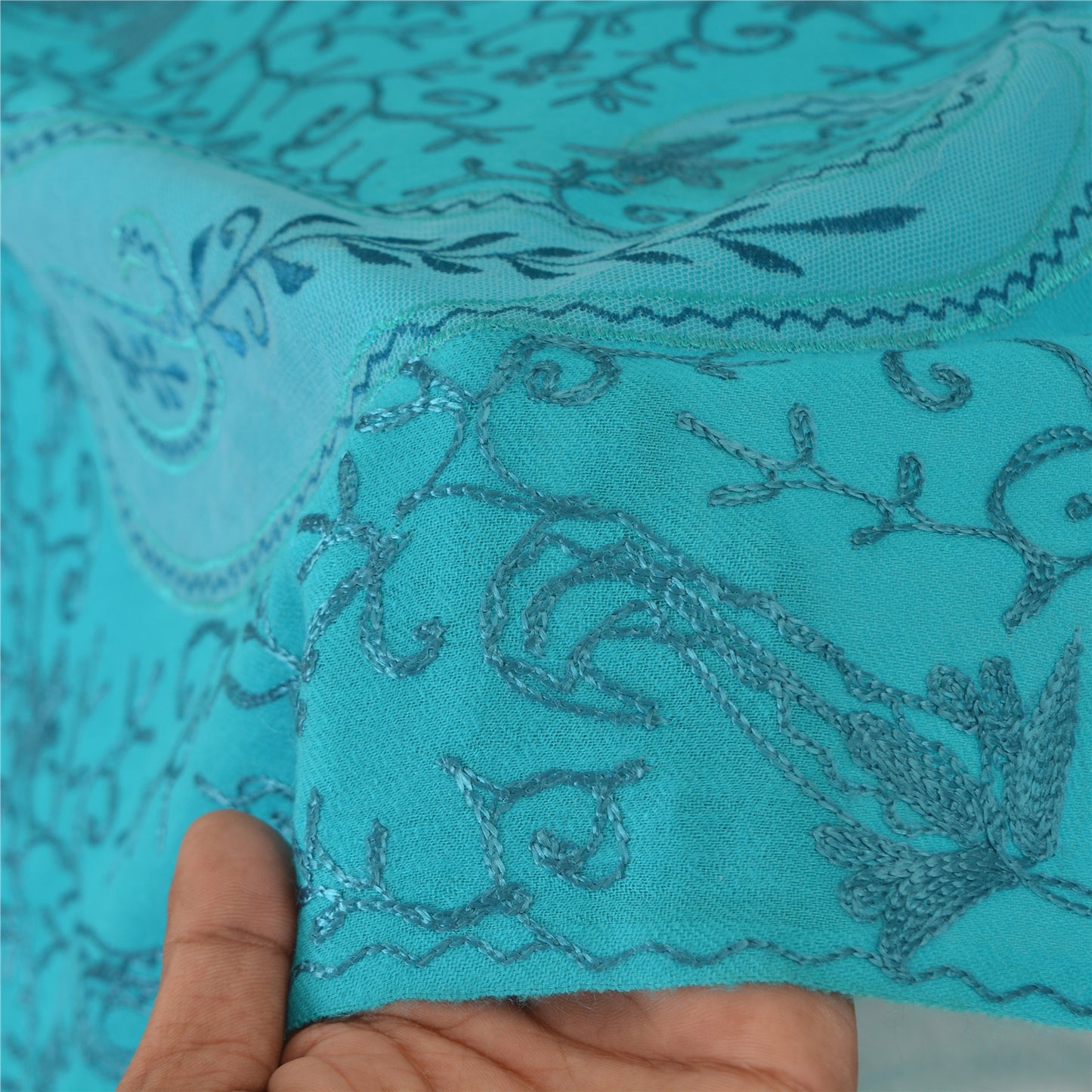 Sanskriti New Embroidered Woven Blue Pure Wool Shawl Stole Paisley Scarf