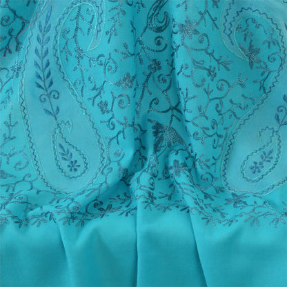 Sanskriti New Embroidered Woven Blue Pure Wool Shawl Stole Paisley Scarf