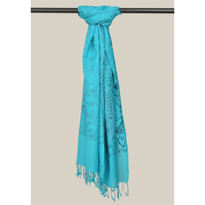 Sanskriti New Embroidered Woven Blue Pure Wool Shawl Stole Paisley Scarf