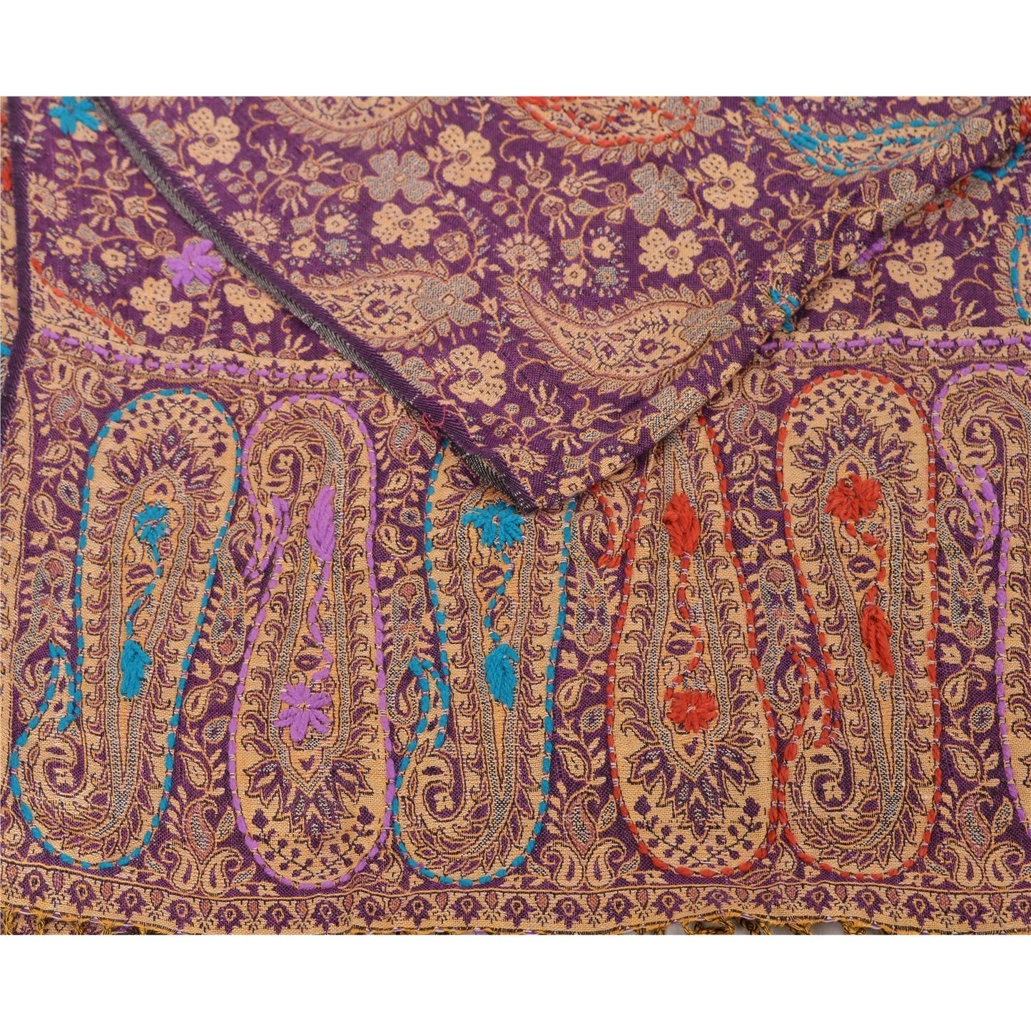 Sanskriti New Pashmina Woven Viscose Hand Embroidered Shawl Purple Stole