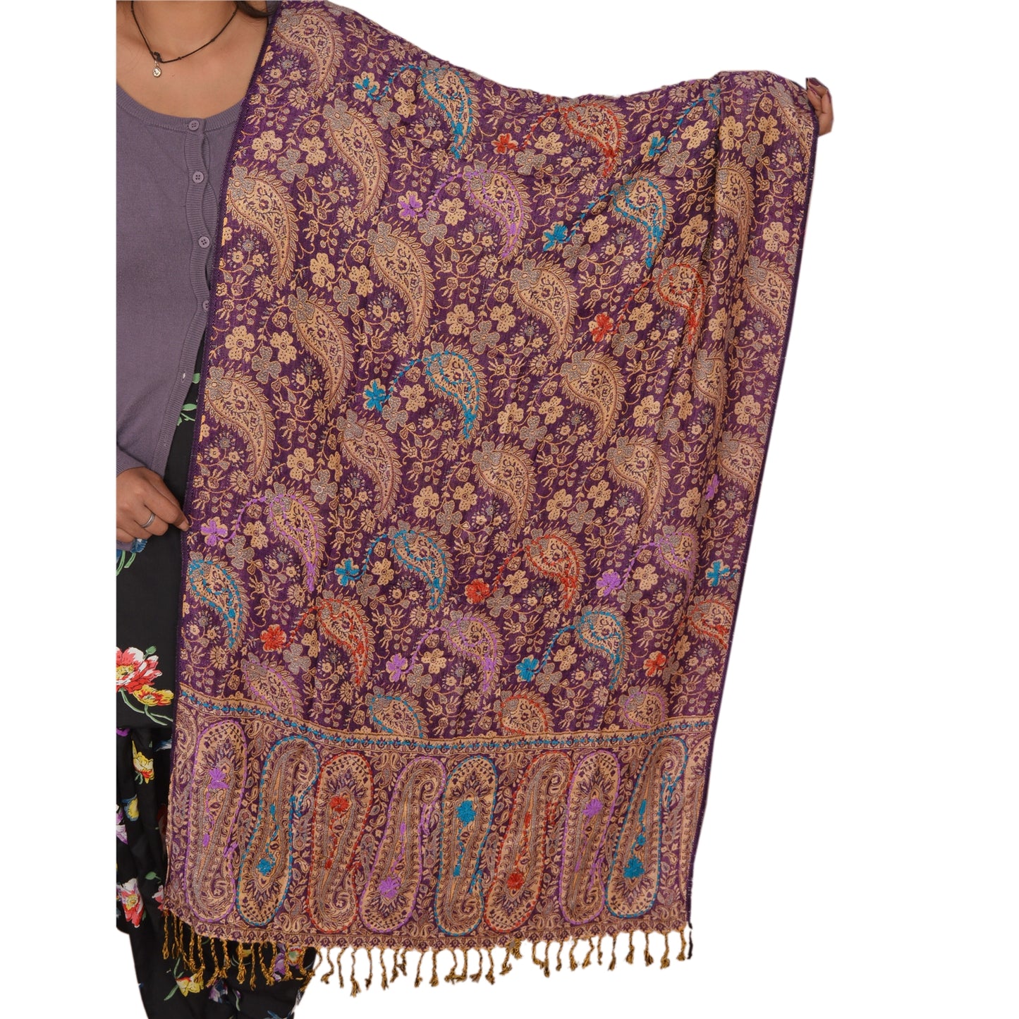 Sanskriti New Pashmina Woven Viscose Hand Embroidered Shawl Purple Stole
