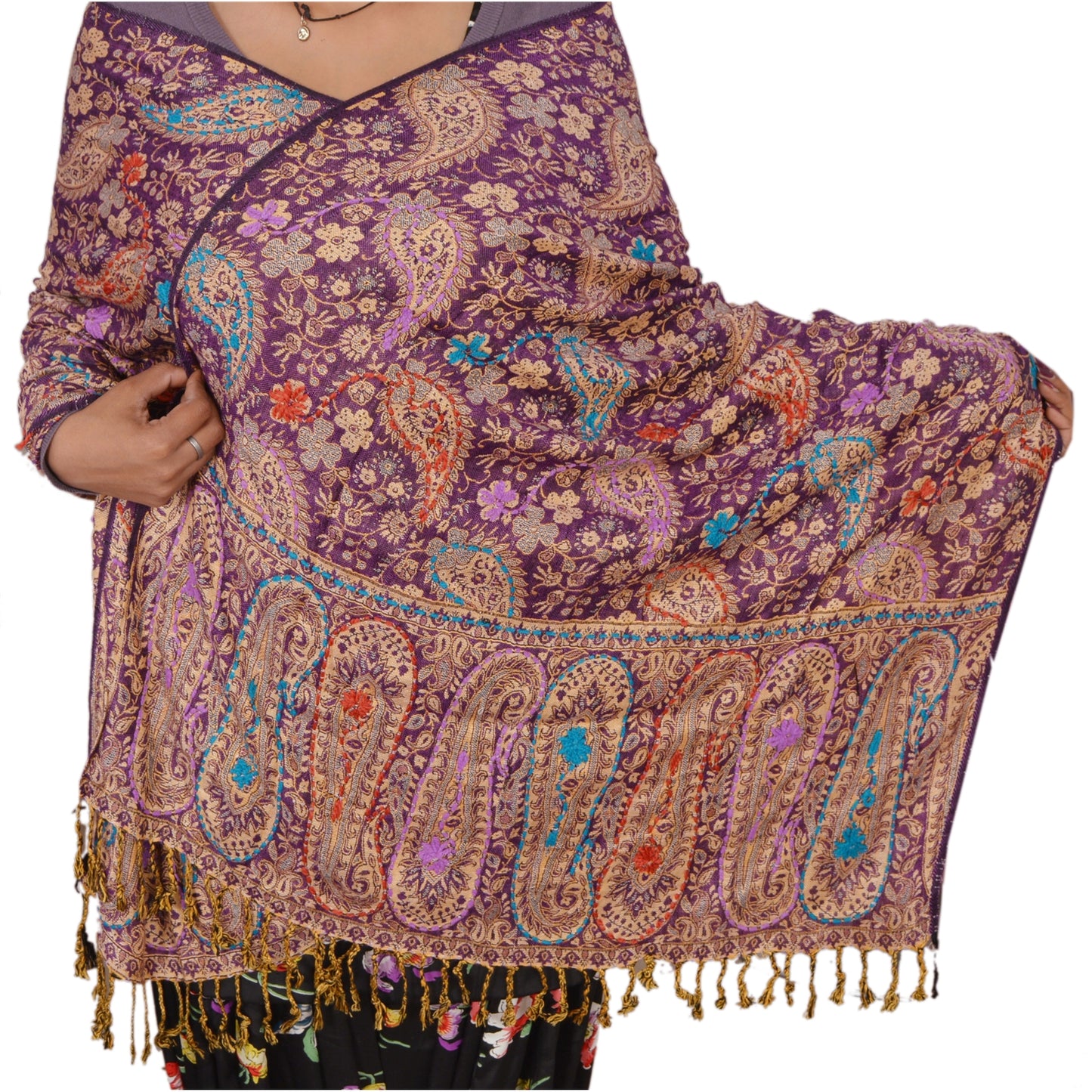Sanskriti New Pashmina Woven Viscose Hand Embroidered Shawl Purple Stole