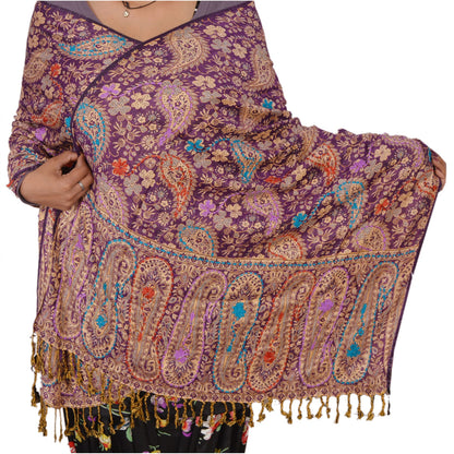 Sanskriti New Pashmina Woven Viscose Hand Embroidered Shawl Purple Stole