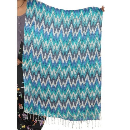 Sanskriti New Viscose Printed Indian Shawl Blue Stole Scarf Geometrical Scarves