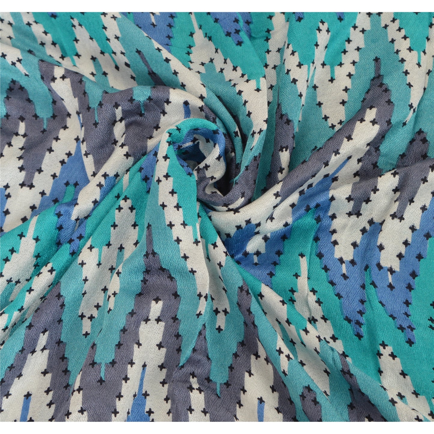 Sanskriti New Viscose Printed Indian Shawl Blue Stole Scarf Geometrical Scarves