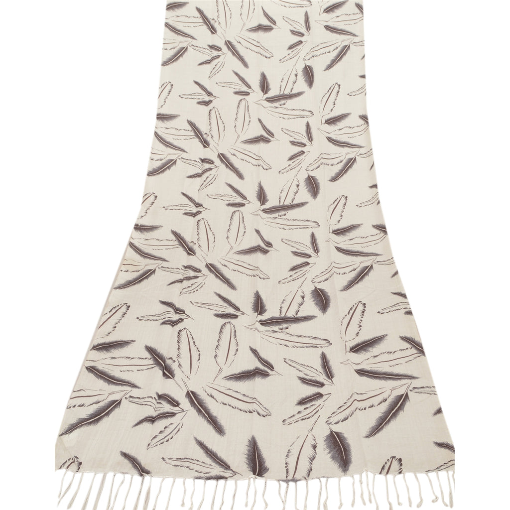 Sanskriti New Viscose Printed Shawl White Stole Scarf Feathers Wrap Scarves