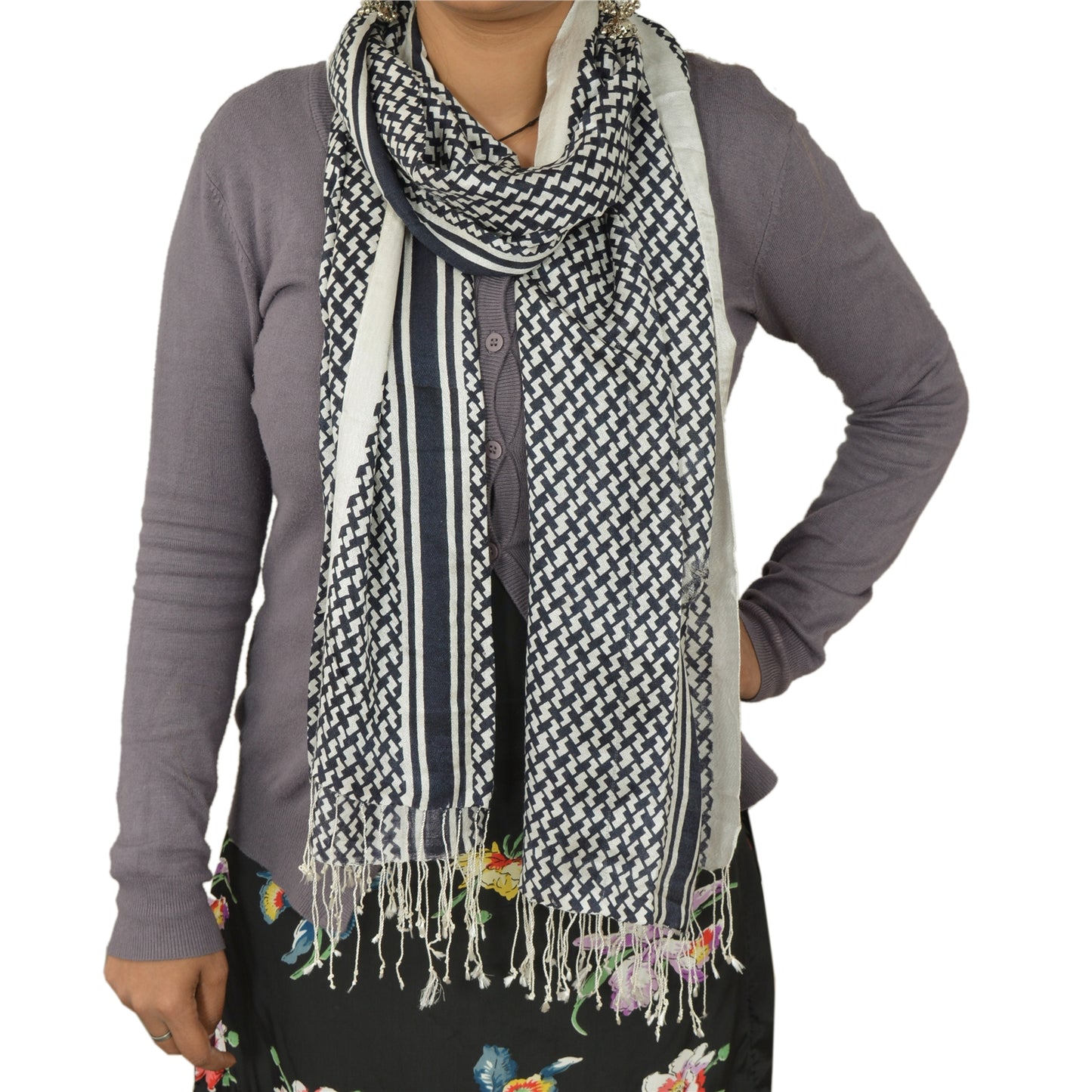 Sanskriti New Viscose Printed Shawl White Stole Scarf Geometrical Scarves