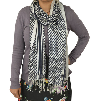 Sanskriti New Viscose Printed Shawl White Stole Scarf Geometrical Scarves