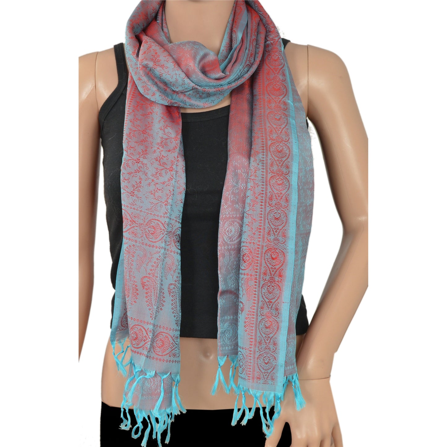 Sanskriti New Woven Silk Jacquard Scarf Red Stole Paisley Wrap Soft Scarves