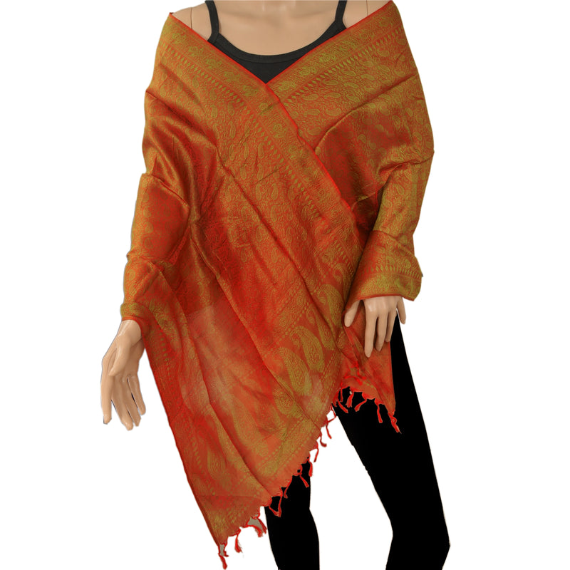 Sanskriti New Pashmina Woven Silk Jacquard Scarf Red Stole Paisley
