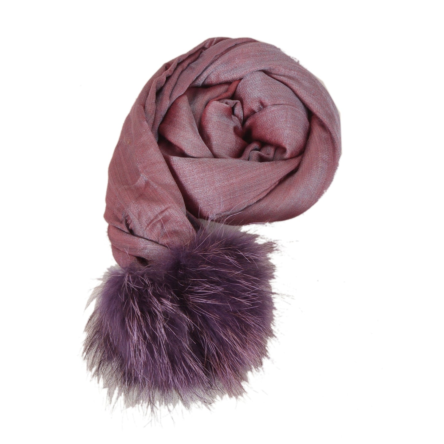 Sanskriti Pashmina Silk Wool Shawl Scarf Purple Stole with Fox Fur Pom Pom