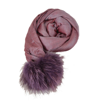 Sanskriti Pashmina Silk Wool Shawl Scarf Purple Stole with Fox Fur Pom Pom