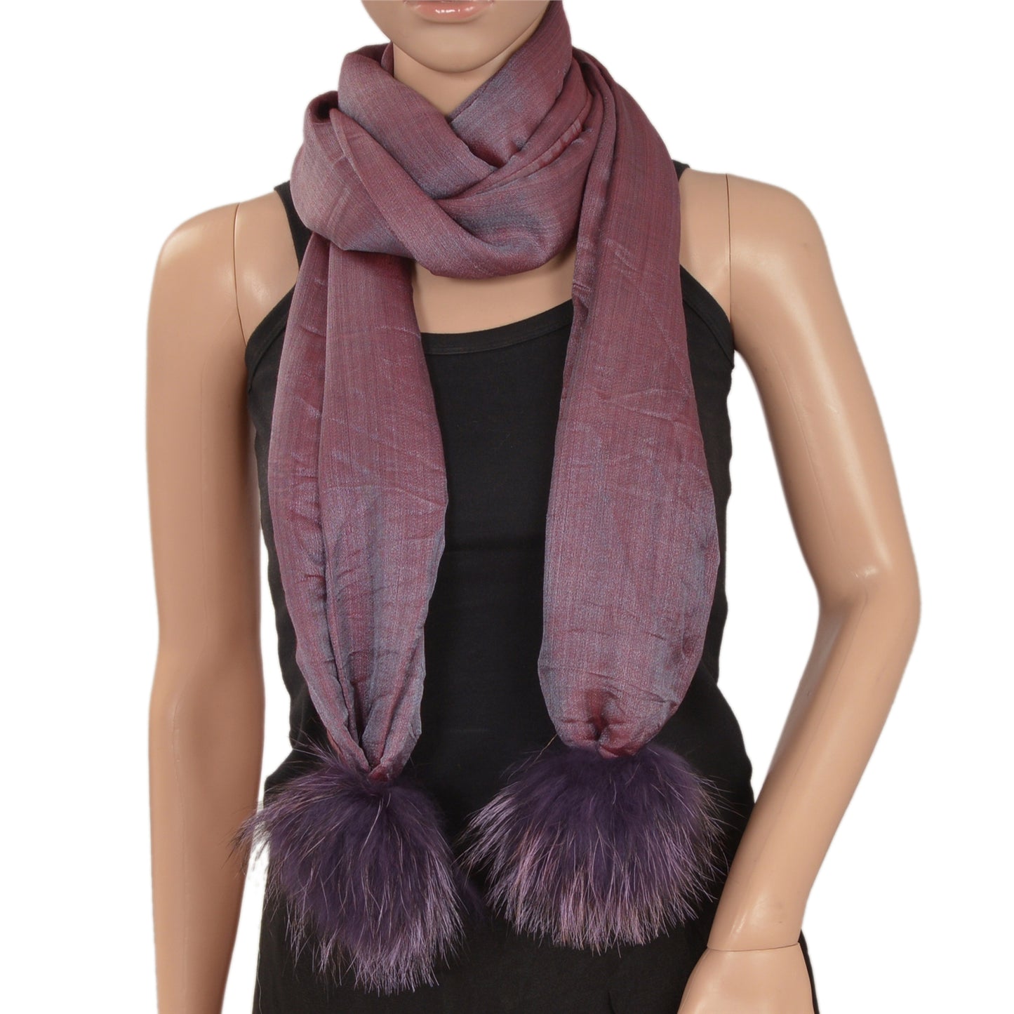 Sanskriti Pashmina Silk Wool Shawl Scarf Purple Stole with Fox Fur Pom Pom